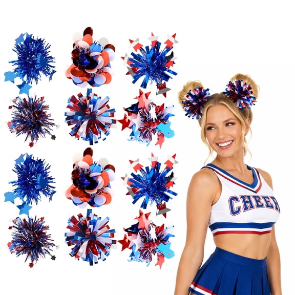 Tripumer 12Pcs Independence Day Hair Clip Set, Red White And Blue Patriotic Sequined Pom-Pom Hair Clips for Women—perfect for Holiday Parties