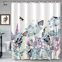 Elegant Dandelions Dragonflies Butterflies Shower Curtain for Bathroom, Teal Blue Purple Wildflowers Blooms Floral Herbs Antique Botanical, Fabric Aesthetic Abstract Flowers Shower Curtain Sets