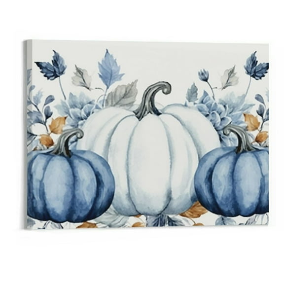 JRXY Oil Painting Print on Canvas Framed Wall Art Thanksgiving Blue White Pumpkin Artwork 20x16 Inch 20x16in
