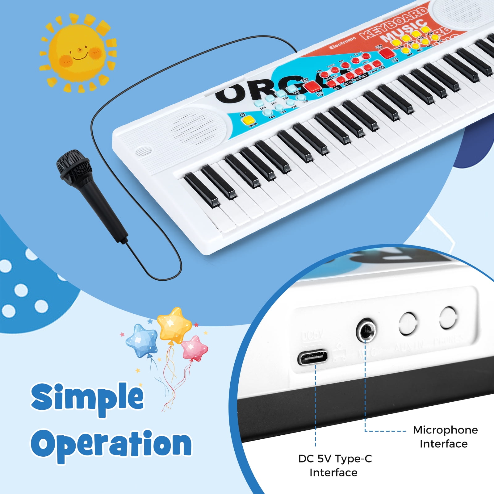 Costway 49 Keys Portable Electric Keyboard Piano with 8 Rhythms, 8 Tones & 10 Demos, White