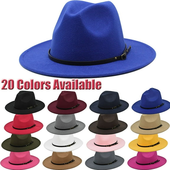 Womens Classic Wide Brim Fedora Hat Floppy Panama Hat with Belt Buckle