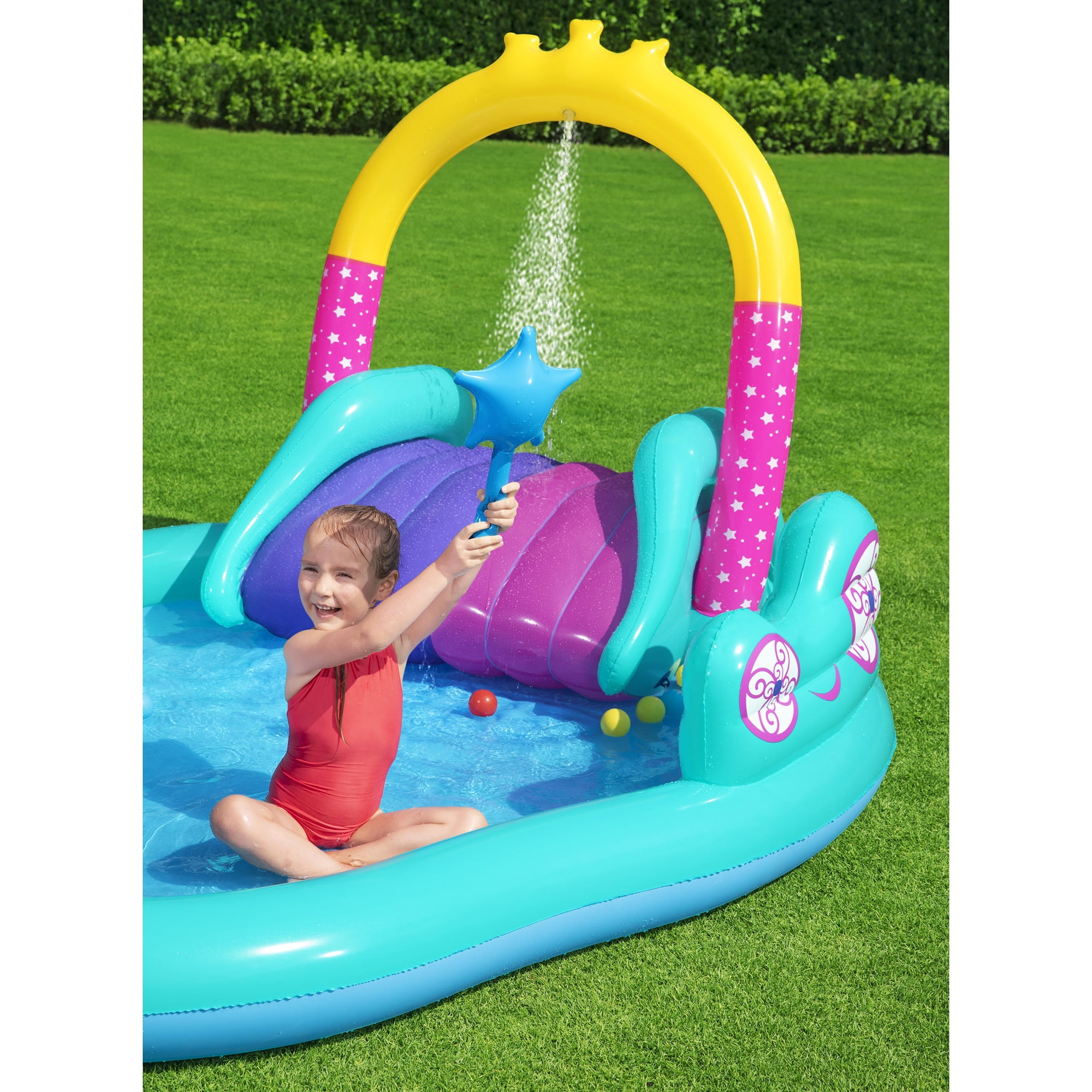 Bestway: H2OGO! Magical Unicorn Carriage Play Center - 9' Multicolor Inflatable, Kiddie Wade Splash Pool, Water Slide, Arch Sprayer, Toddler & Kids 2+