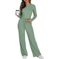 thumbnail image 2 of 2 Piece Lounge Set Women Ribbed Knit Tracksuit Long Sleeve Crop Tops Flare Pants Solid Color Slim Fitting Sets Pajamas Fall Outfits (Green M), 2 of 6