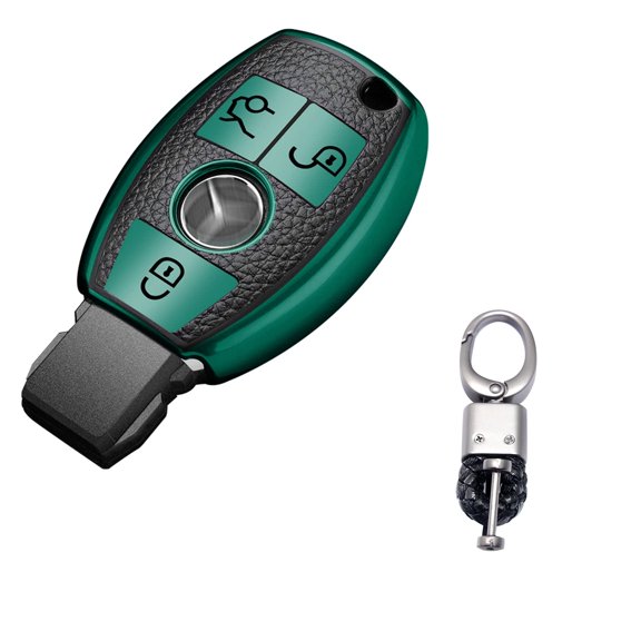 x xotic tech Green TPU Grainy Leather Texture Key Fob Shell Cover Case w/ Keychain, Compatible with Mercedes Benz A,B,C,E,S,R,CL,CLA,AMG,SL,SLK,CLS,G SERIES 3-Button Smart Keyless Entry Key