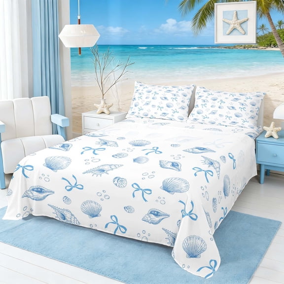Manfei Blue White Seashell Bow Queen Sheet Sets for Kids Girls, Kawaii Ocean Wildlife Bed Set 4-Piece, 1 Flat Sheet, 1 Fitted Sheet and 2 Pillowcases