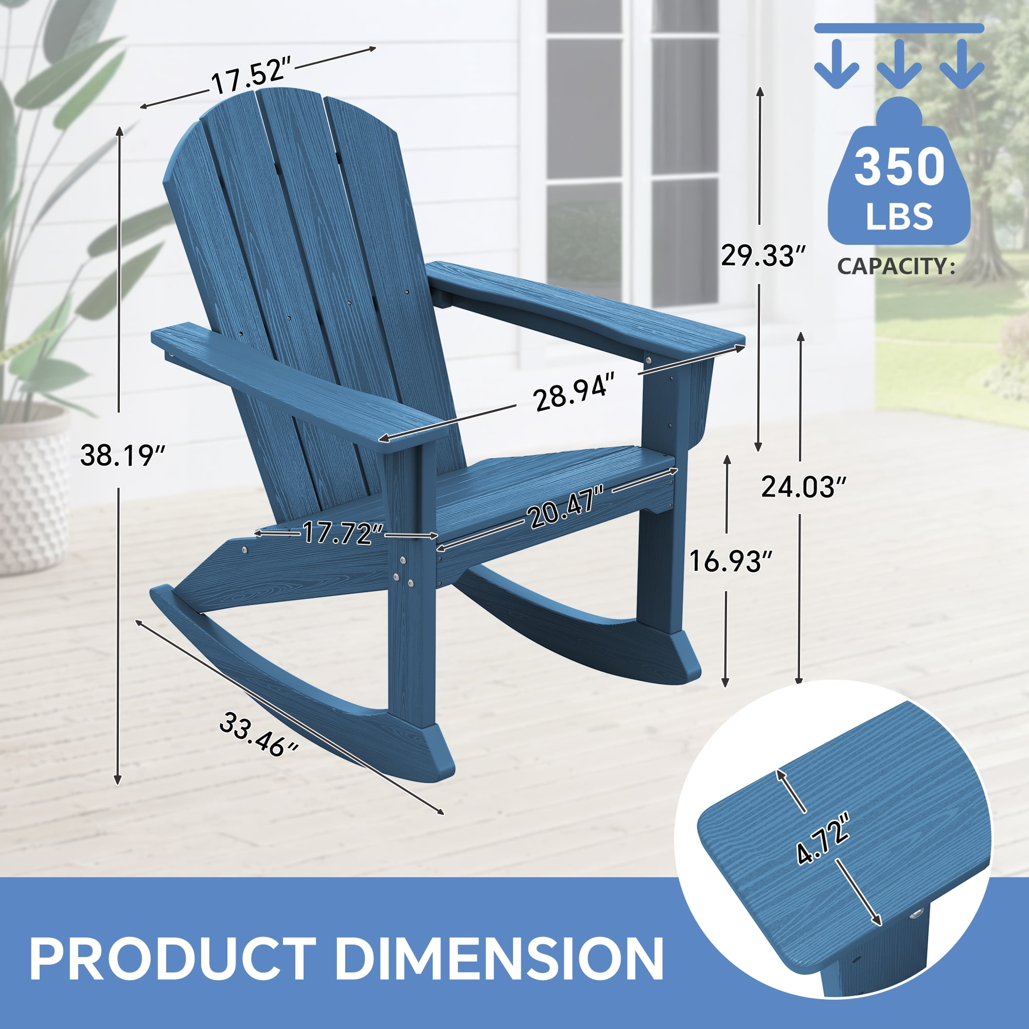 SERWALL Rocking Adirondack Chair, HDPE Outdoor Rocking Chair, All Weather Porch Rocking Chair for Patio, Blue