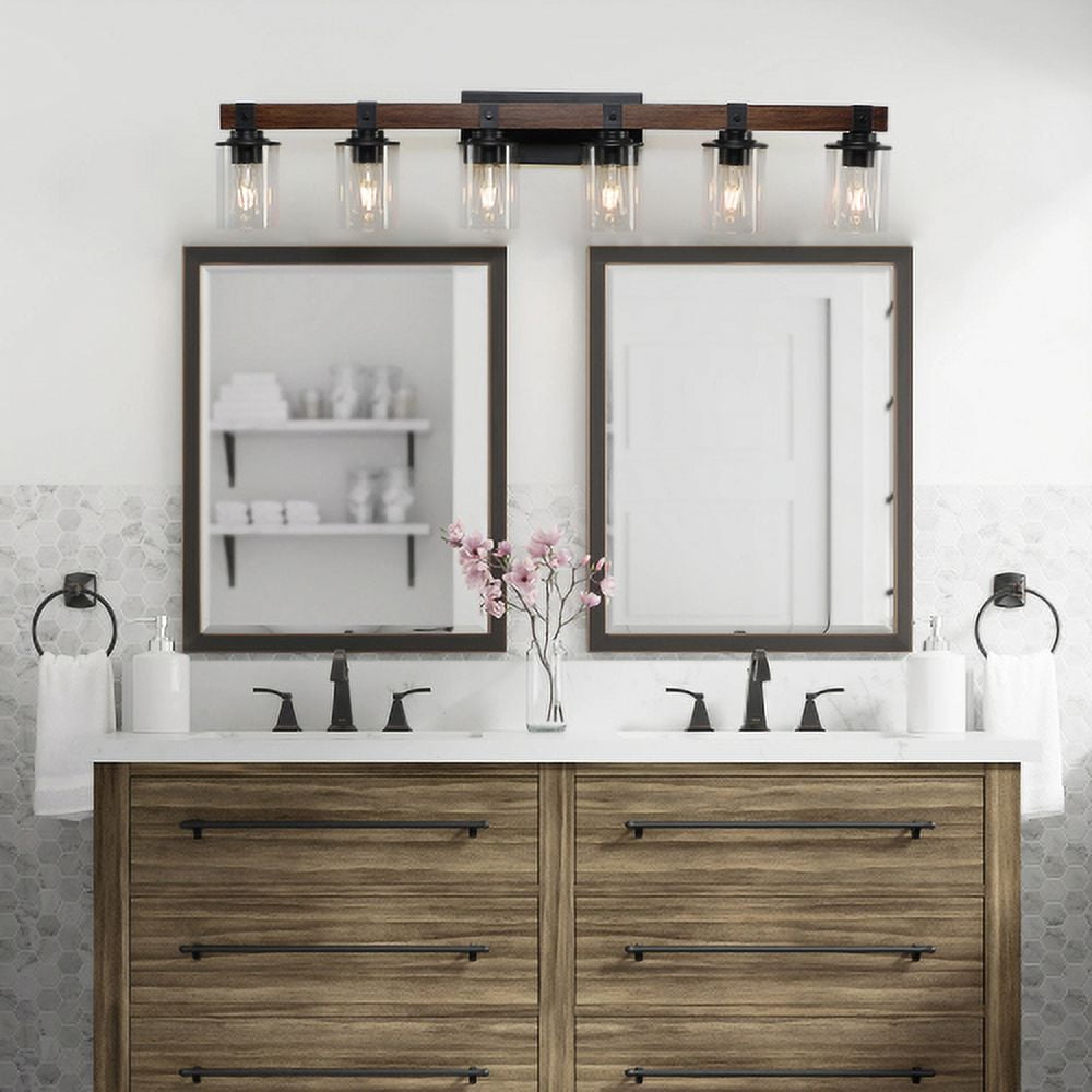 Hi-LIGHTS,6-Lights Farmhouse Rustic Bathroom Light Fixture with Glass Lampshade(Bulbs Not Included),Vanity Lights Fixture for Bathroom,Dressing Room,Bedroom,Living Room(Black)