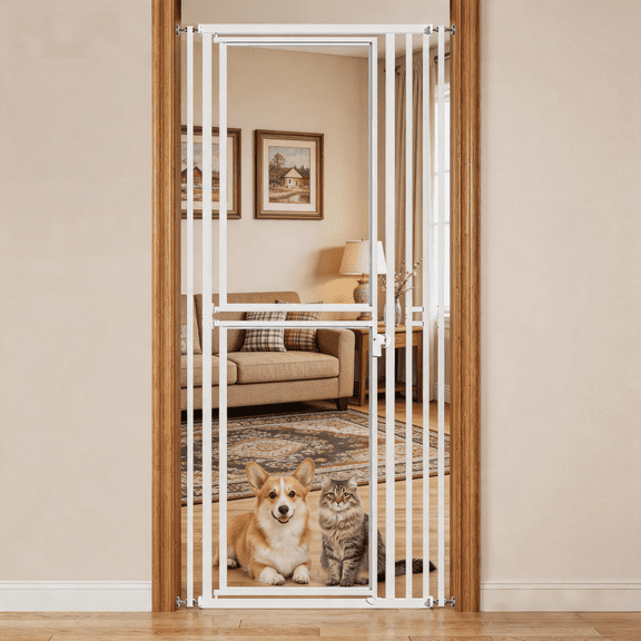 78"Extra Tall Cat and Dog Gate for Doorway,Adjustable 27.5” and 37" Wide,Transparent Full Door Pet, Auto Close No Drilling Cat Proof Safety,White