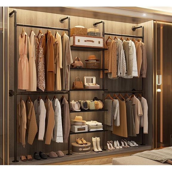 Homieasy 77‘’ Closet System, Industrial Pipe Clothing Rack, Black