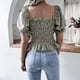 thumbnail image 4 of Blusa de verano, Top con cuello cuadrado y manga abullonada, blusa elástica para mujer, Top de manga corta de línea, 4 of 6