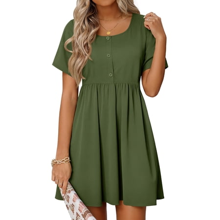 MOSHU Summer Dresses for Women Crewneck Short Sleeve Midi Dress Casual Button A-Line Sundress with Pockets