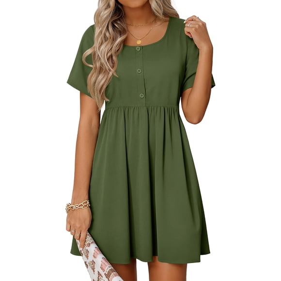 Summer Dresses for Women Crewneck Short Sleeve Midi Dress Casual Button A-Line Sundress with Pockets