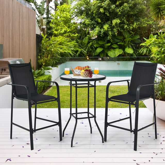 Gymax Ensemble de Bar de Patio 3 Pcs Ensemble Bistro d'Extérieur avec 2 Tabourets et 1 Table en Verre Trempé