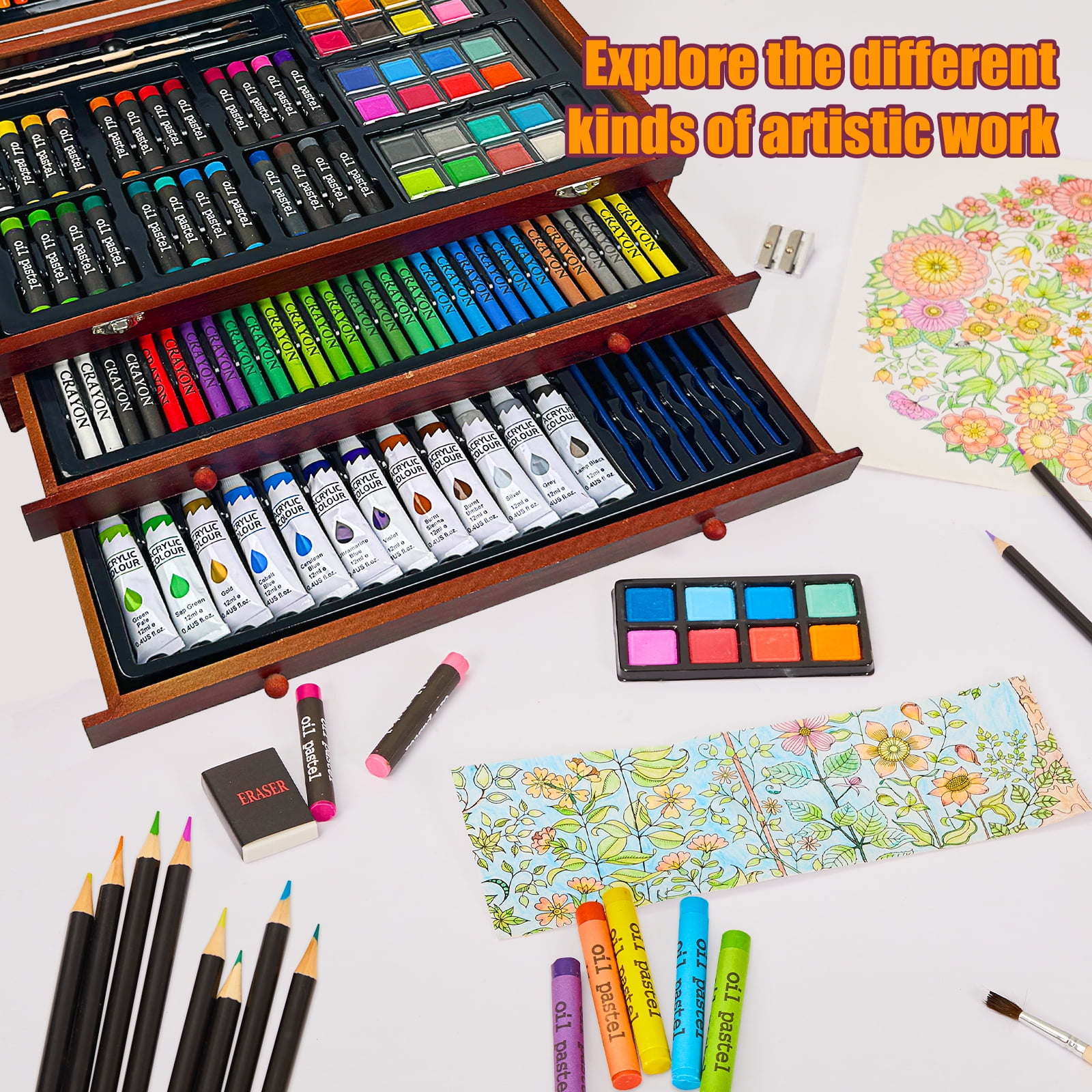 KINSPORY 175 pack Deluxe Wooden Case Drawing Painting Kit, Art Set and Crafts Gift Box with 24 Acrylic Paint for Artist Adults Beginners Kids (Brown)