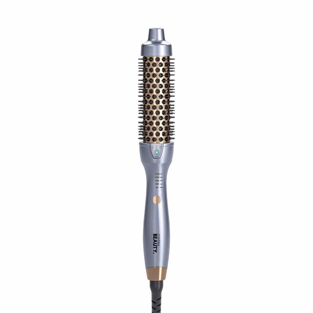 cepillo iónico cortex beauty de 1.5" con control de temperatura: 4 ajustes de calor, antifrizz, doble voltaje, cable giratorio de 360°, peinado profesional (azul empolvado) Vista frontal centrada de cepillo térmico redondo; mango ergonómico azul empolvado con botón y logo, barril de 1.5" dorado con filas de cerdas sintéticas y orificios de ventilación, punta y base doradas y cable negro con entrada giratoria 360°. Adecuado para crear rizos, ondas o alisar mechones; compatible con doble voltaje.
