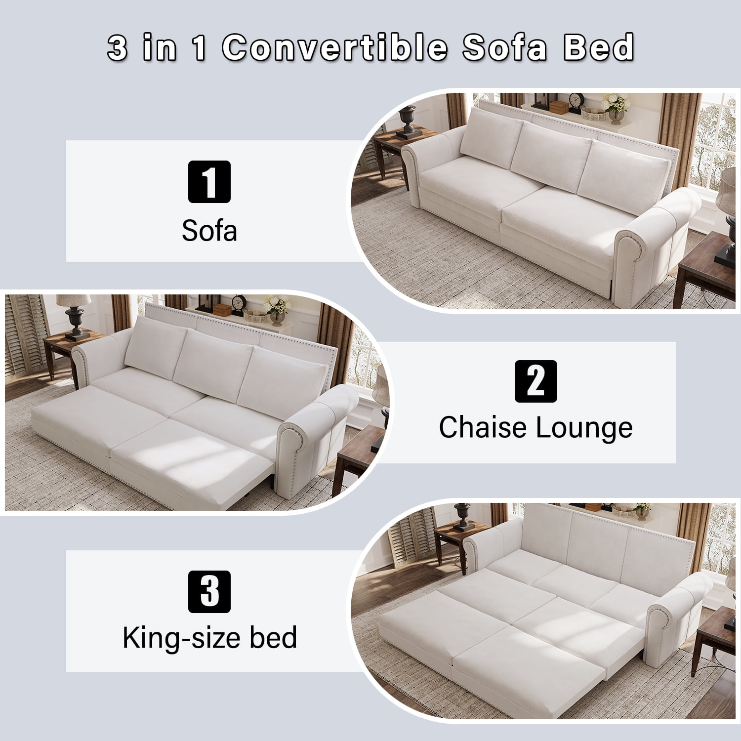3-in-1 Convertible Velvet Sofa Bed, King Size Pull Out Sleeper Couch, White