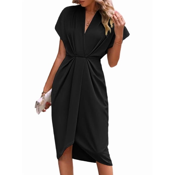 Women'S V Neck Elegant Dress Irregular Sleeve Solid Color Bodycon Midi Cocktail Gown