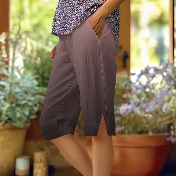 ClodeEU Women's Ombre Straight Leg Knee Length Shorts with Pockets and Side Slit Button,Loose Fit Casual Summer Bermuda Pants Wine,Womens Plus M