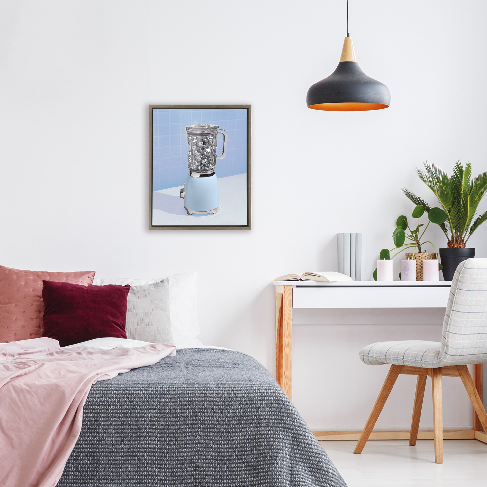 Blue Retro Disco Blender Brown Framed Floater Canvas Wall Art, design by LISH Creative
