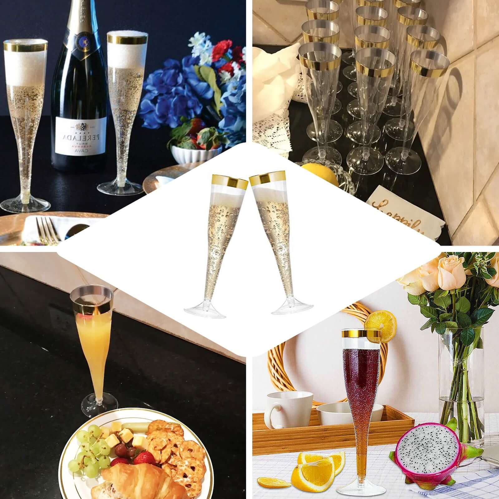 Efavormart 60 Pack 6oz Gold Rimmed Clear Champagne Flutes Cocktail Disposable Plastic Glasses - Perfect for Wedding Ceremonies, Birthday Celebrations, Upscale Occasions, and Special Events