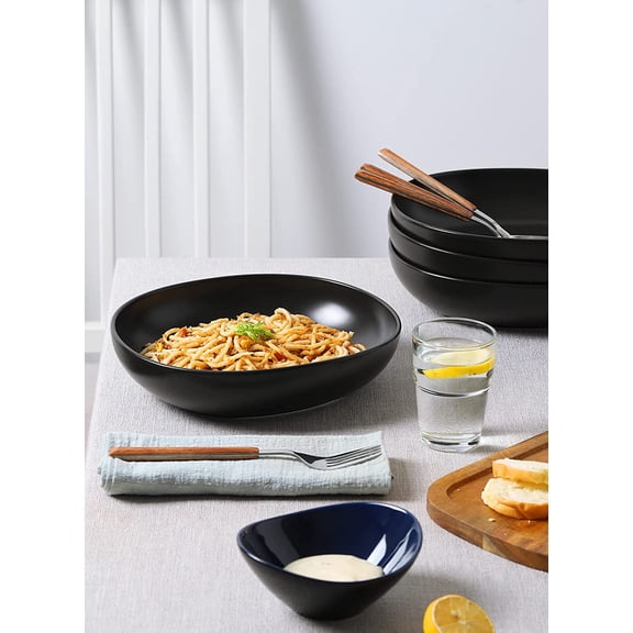 Pasta and Salad Bowls Set - Large 50 Ounce Porcelain Matte Black Square Bowls, Set of 4 - Microwave and Dishwasher Safe