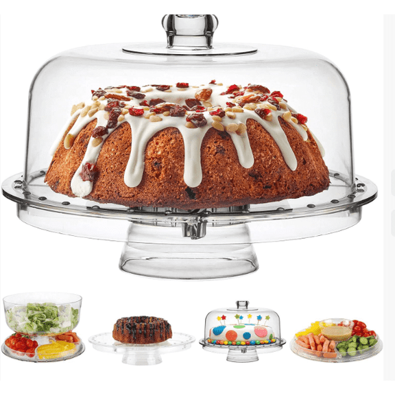 JOGGEIL 6-in-1 Multifunctional Cake Stand with Dome – Clear Dessert Display, Fruit Serving Platter & Appetizer Tray, Heavy-Duty Food Server for Events and Daily Home Use