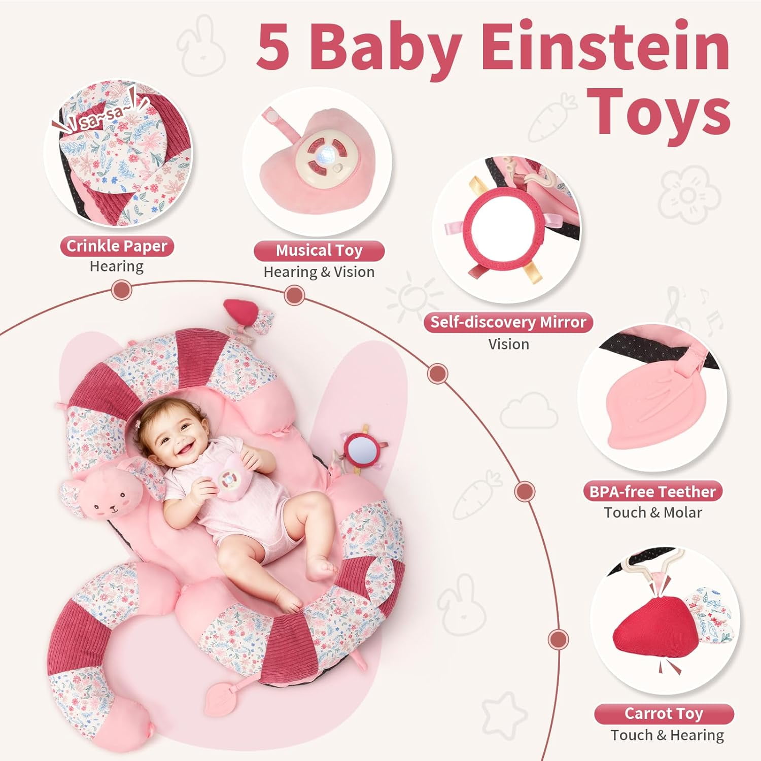 2in1 Tummy Time & Seat Support Baby Play Mat with 5 Sensory Toys, Baby Floor Seat for Sitting, Soft, Supportive, Essentials Development Gifts for Newborn Infant