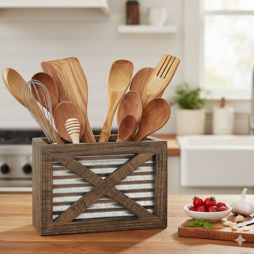 Autumn Alley Farmhouse Kitchen Utensil Holder, Rustic Wood & Galvanized Metal Cooking Utensil Caddy for Countertop Storage, Barn Door Style