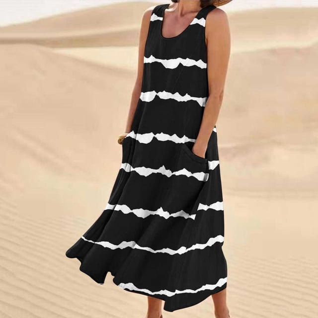 SMihono Robe Maxi Bohème d'Été pour Femmes Grande Taille Mode d'Été Décontractée Imprimée Sans Manches Col Rond avec Poches Robe de Plage