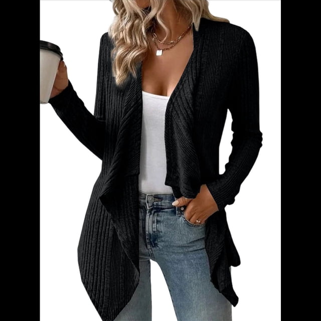 Cárdigan Ligero, Drapeado y Abierto para Mujer, Prenda Exterior Informal de Punto de Larga. Negro S
