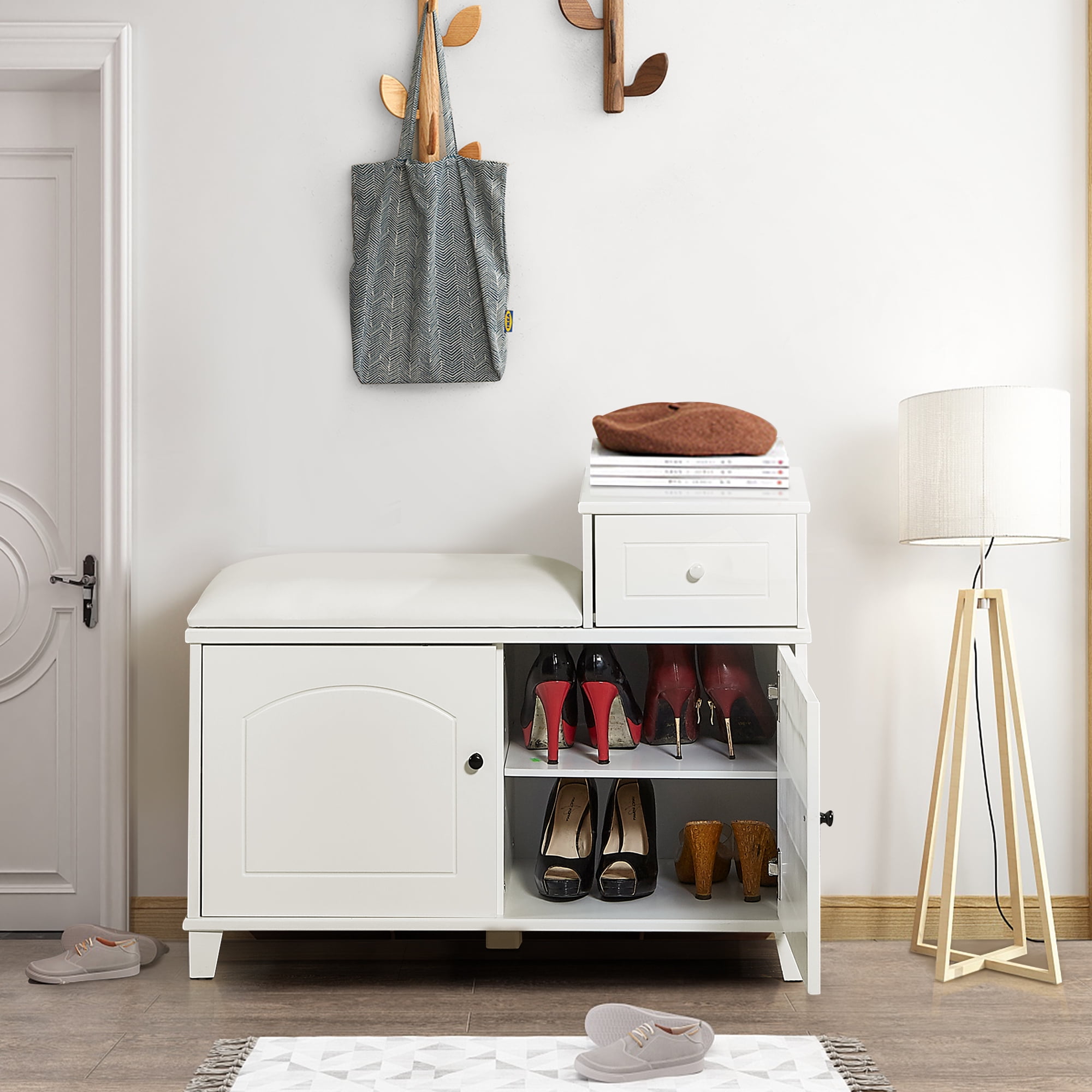 Organized Life Shoe Storage Bench White & Cushion Seat & Adjustable Shelves & with Drawers