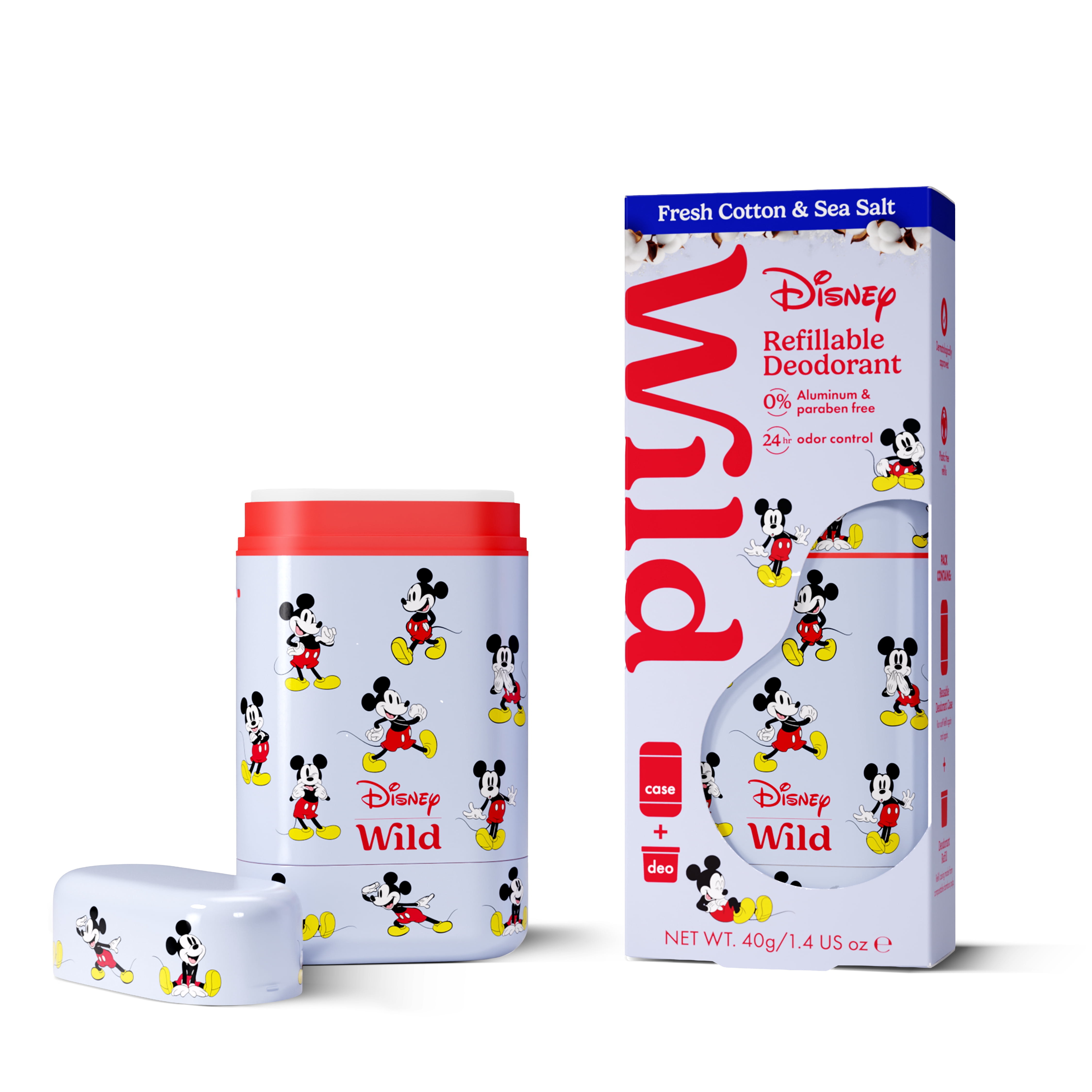 Wild Refillable Deodorant Starter Pack - Aluminum Free. Mickey Mouse Case + Fresh Cotton & Sea Salt Refill, for Women and Men, 1.4oz