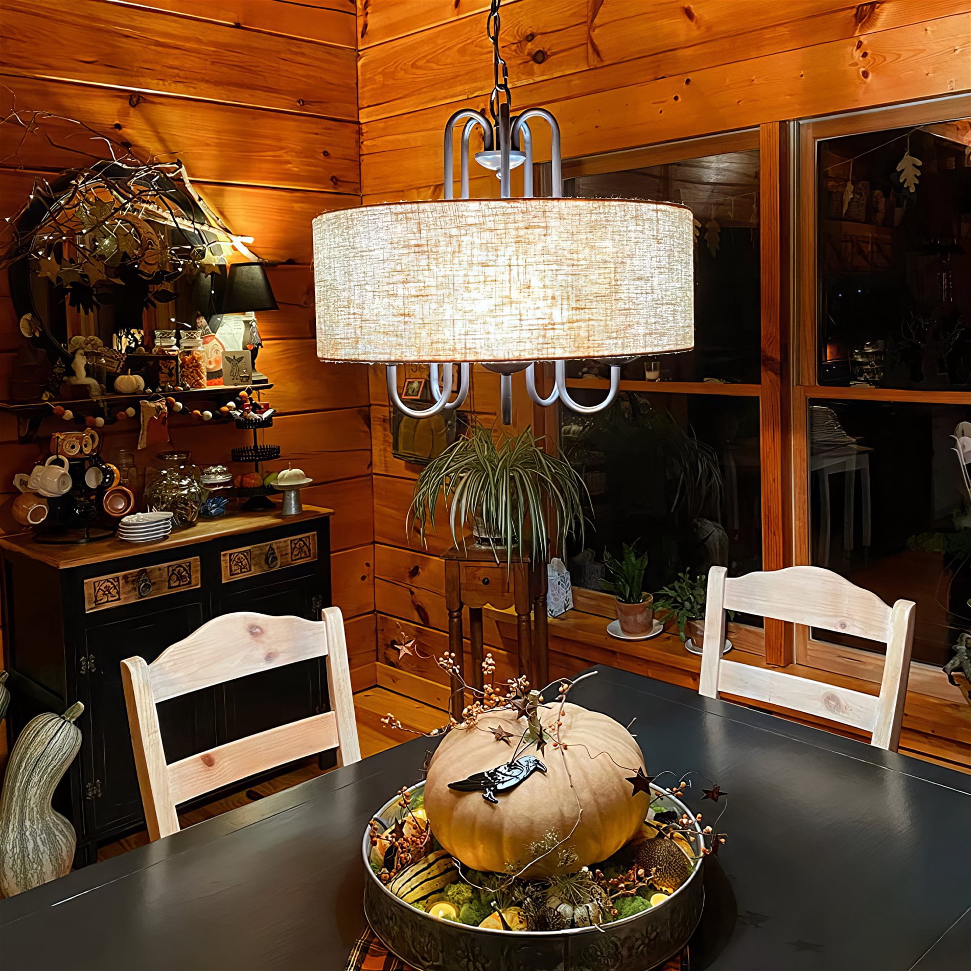 Kira Home Gwenyth 20" Farmhouse Drum Chandelier, Oatmeal Linen Shade, Rustic Arched Metal Hanging, Oil Rubbed Bronze