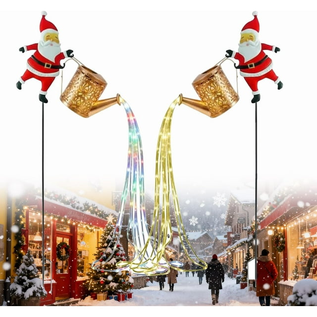 Christmas Solar Kettle Lights Garden Lawn Decorative Light, Christmas Santa Solar Kettle Lights Garden Lawn Decorative Light, Hanging Metal Santa Claus Watering Can with LED, (Mix)