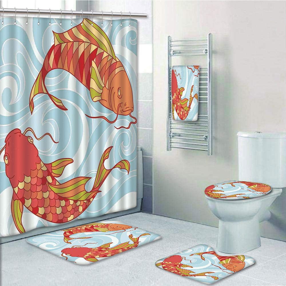 Erehome Koi Fish Hand Drawn Colorful Koi Swirled Asian Sea Waves Japanese Oriental 5 Piece Bathroom Set Shower Curtain Bath Towel Bath Rug Contour Mat And Toilet Lid Cover Walmart Canada