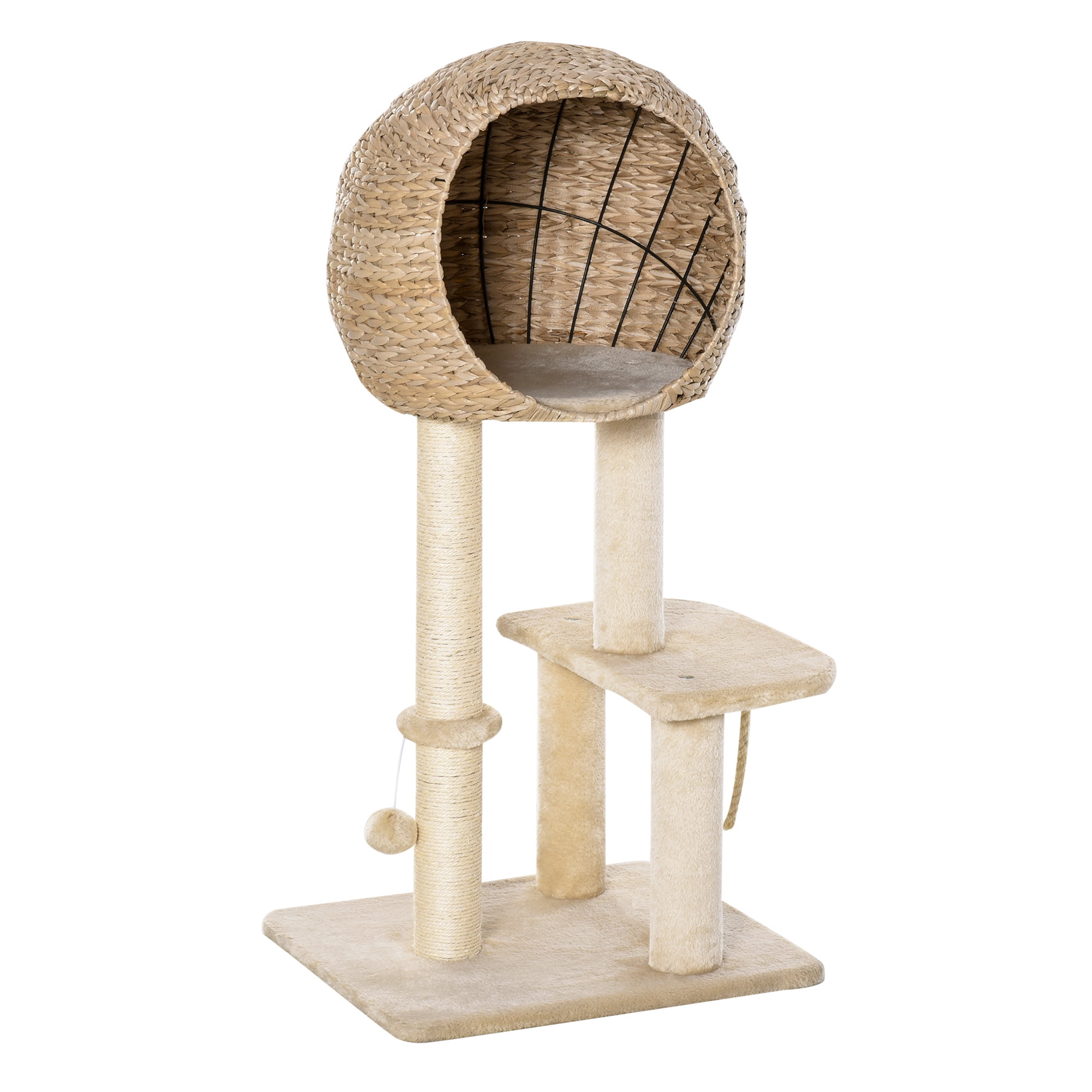 PawHut Cat Tree with Sisal Scratching Post Condo and Hanging Rope 44.5" H, Beige