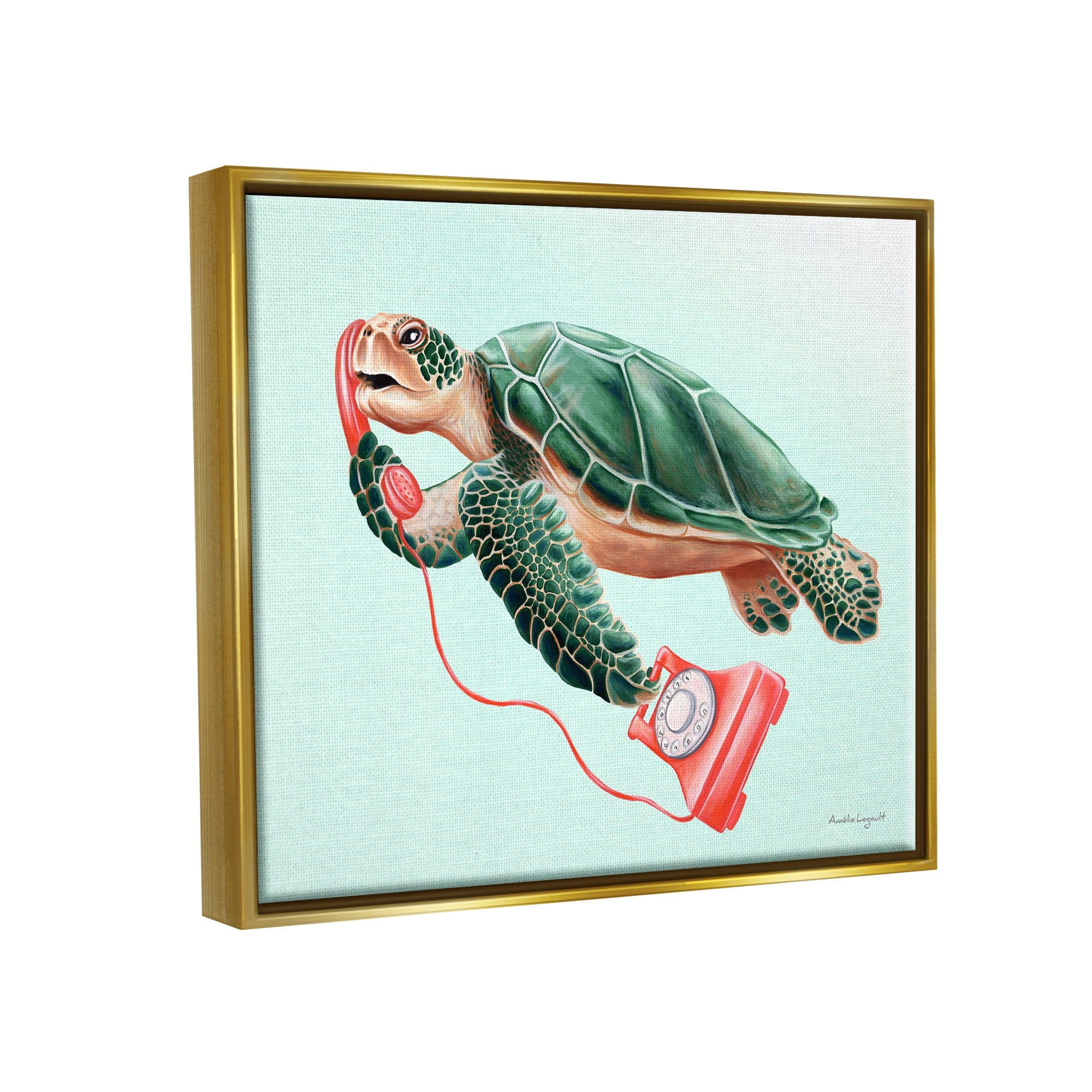 Stupell Industries Green Sea Turtle Swimming Red Rotary Telephone Graphic Art Metallic Gold Floating Framed Canvas Print Wall Art, Design by Amelie Legault