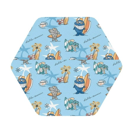 

Coaee Cute Animals Surfers Print Leather Coasters Set of 6 Non-Slip Washable Cup Coasters for Home Office Bar Hexagon