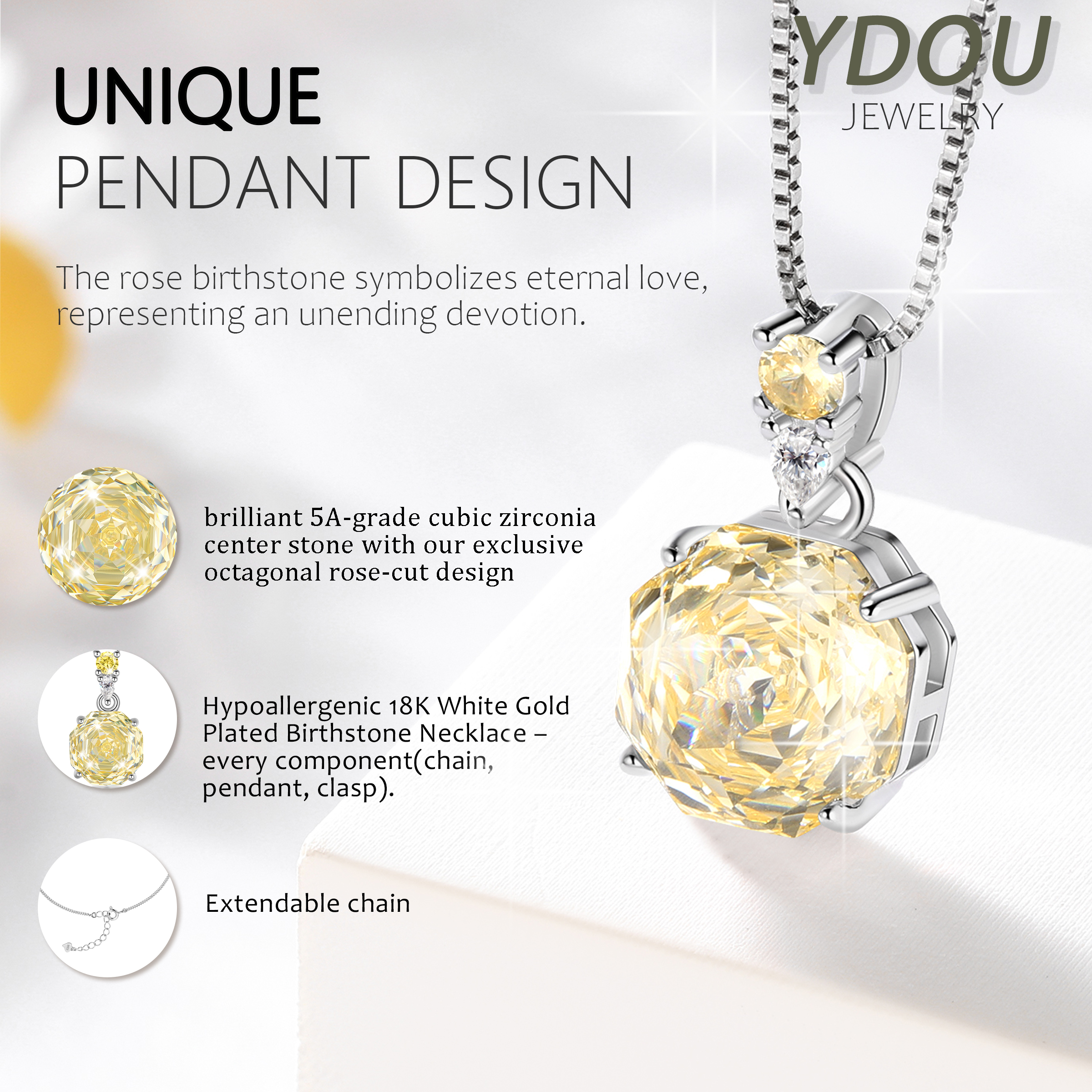 Ydou Rose Jewelry Set - 18K White Gold Plated Rose Cut Cubic Zirconia Flower Necklace/Earrings/Ring Set Anniversary Birthday Jewelry Gift for Women