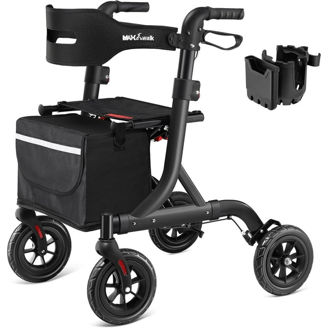 Déambulateurs pour Aînés, Déambulateur à Roulettes avec Siège, Déambulateur Tout-Terrain avec Roues en Caoutchouc de 8 Pouces, Dossier, Déambulateurs en Aluminium avec Câble Intégré, Pliable et Hauteur Ajustable pour Aînés, Noir