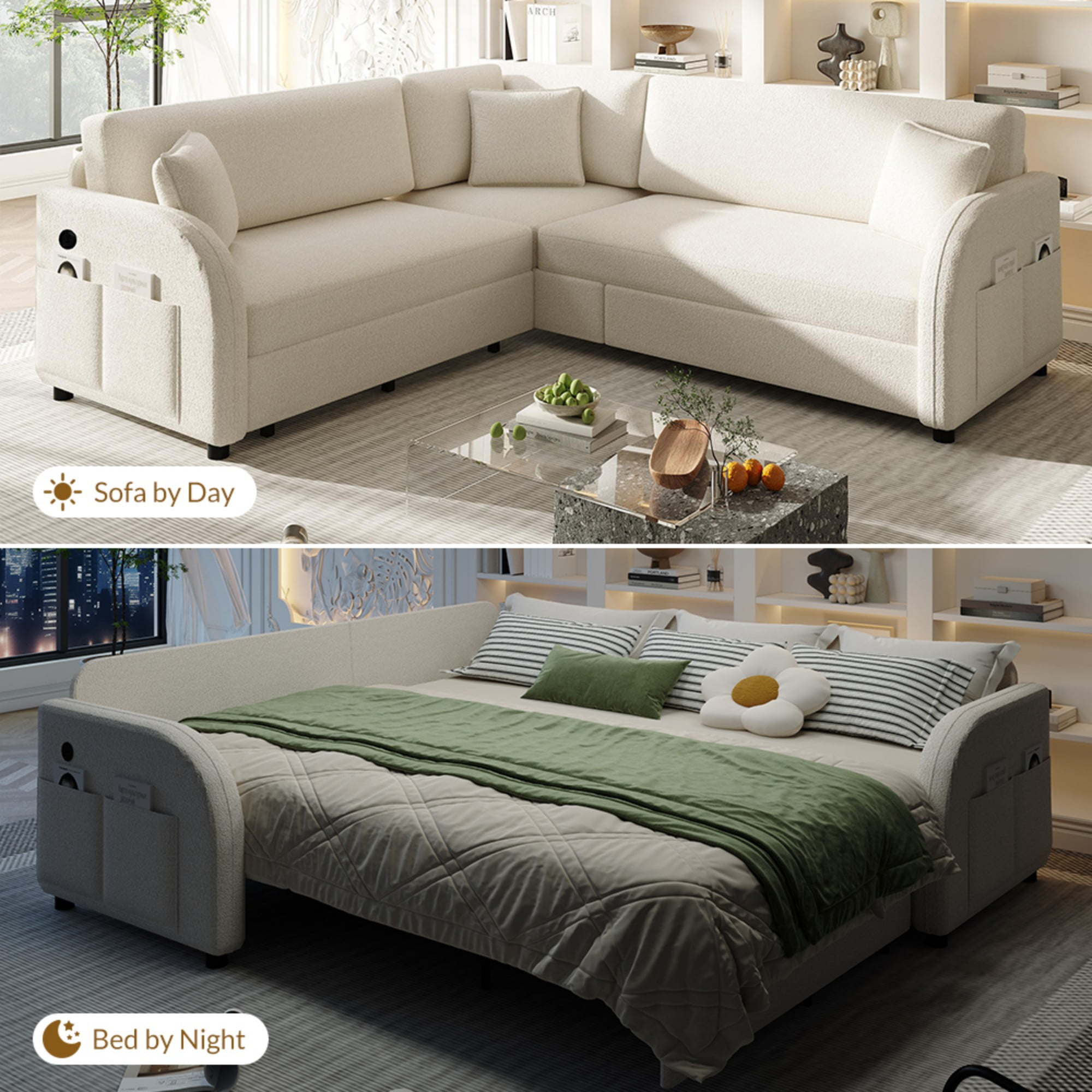LLappuil Sectional Sofa, 85" Sectional Couch with Pull Out Sofa Bed King Size, 5 Seat Sofa Convertible Sofa Bed for Living Room Beige