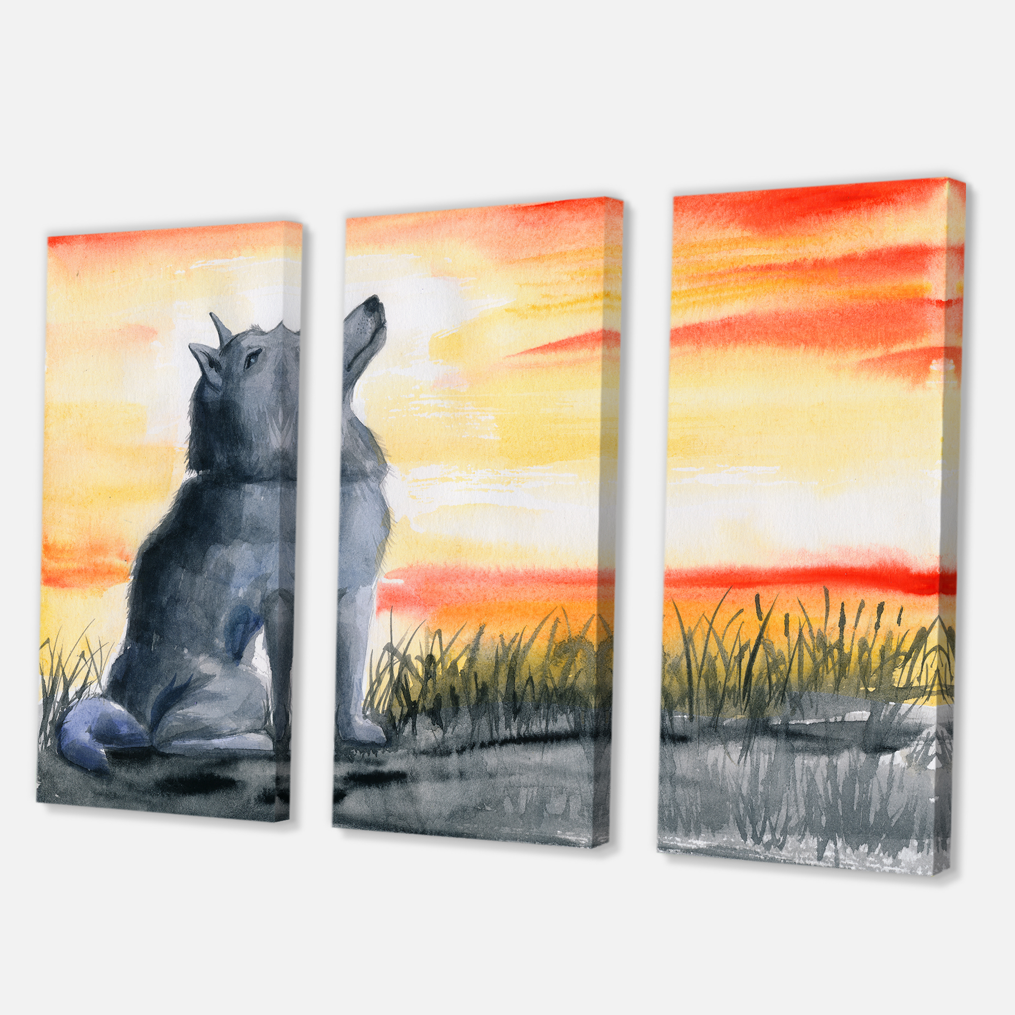 Portrait Of Grey Wolf Howling At The Moon 28 in x 36 in Painting Canvas Art Print, by Designart