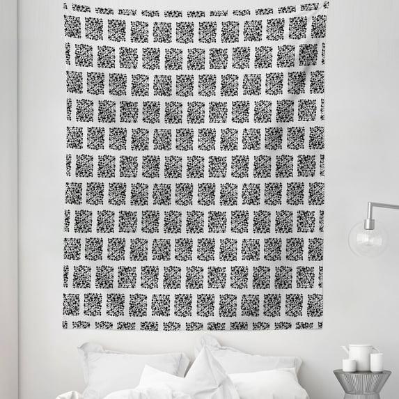 Abstract Tapestry, Square Shapes with Doodle Little Dots Retro Style Halftone Effect Design, Fabric Wall Hanging Decor for Bedroom Living Room Dorm, 5 Sizes, Black and Coconut, by Ambesonne