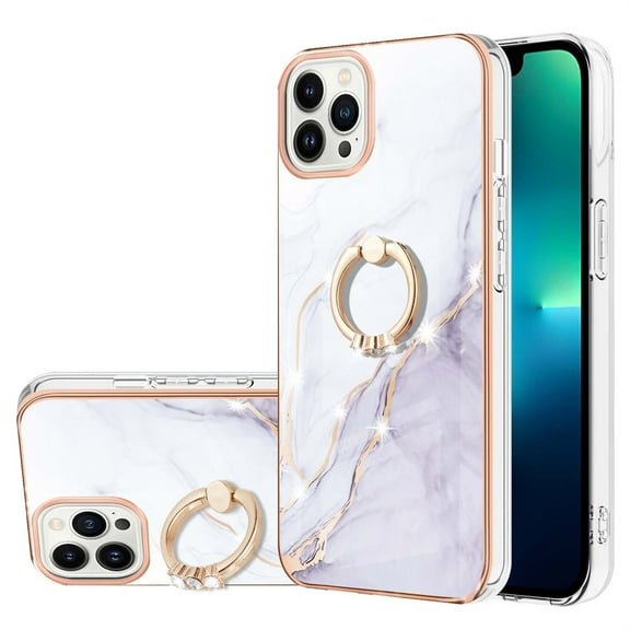 SaniMore for iPhone 13 Pro 6.1" 2021 Case with 360 Degree Rotating Metal Ring Shockproof TPU Backplane Marble Pattern Luxury Fashion Anti-drop Cover For iPhone 13 Pro, White