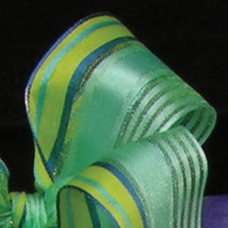 The Ribbon People Blue and Green Striped Semi Sheer Wired Craft Ribbon 1.5" x 54 Yards