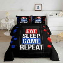Gaming Comforter Set Video Games Comforter Teens Youth Gamer Bedding Set Eat Sleep Game Repeat Design Duvet Set Blue Black Red Room Decor Twin Size Reversible Bedspreads Coverlet Sets