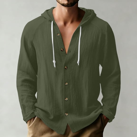 Men's Solid Color Hooded Cardigan Long Sleeve Casual Button Up Top
