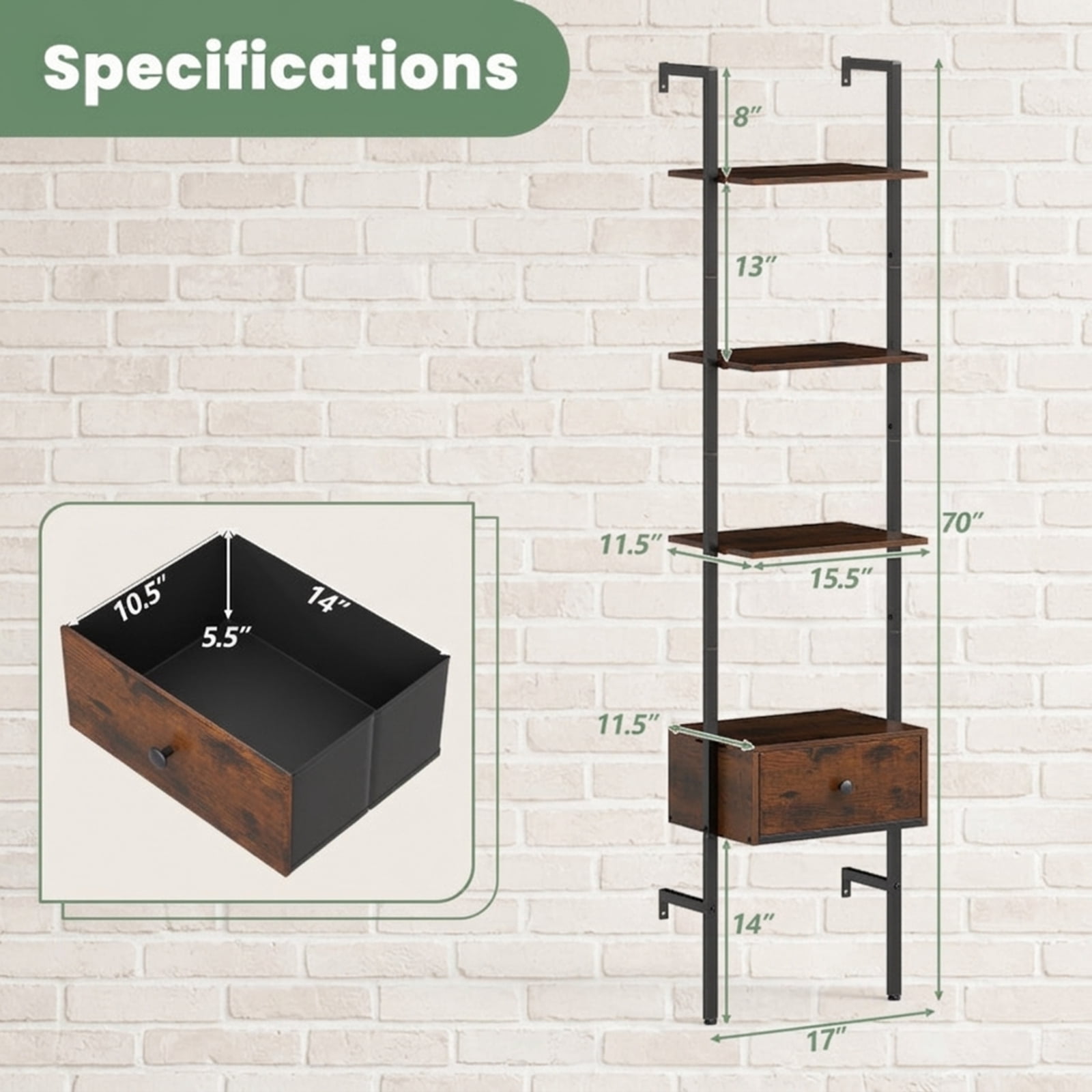 Furnibear 5-Tier Ladder Bookcase with Drawer and Metal Frame for Study Home Office for Living Room Home Office Bedroom Display Storage, Rustic Brown
