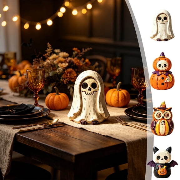 Chmadoxn 5.9" Cute Wooden Halloween Figurine Decor, Hand-Carved Rustic Freestanding Tabletop Ornament with Big Eyes, Weathered Wood Statue for Home Mantel Tiered Tray Shelf