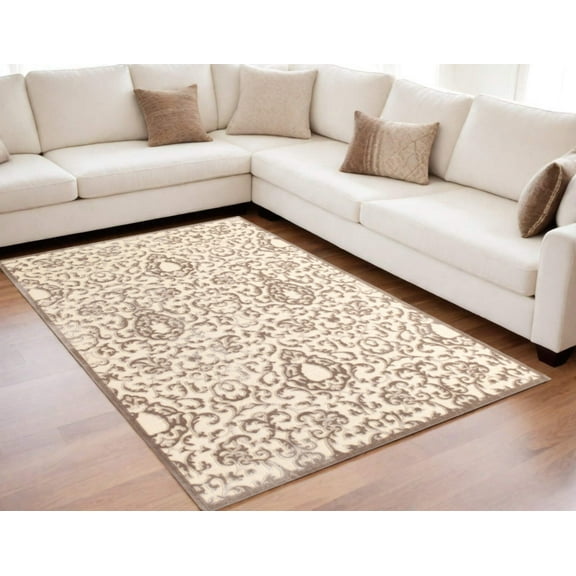 5' X 8' Taupe and Tan Floral Power Loom Area Rug